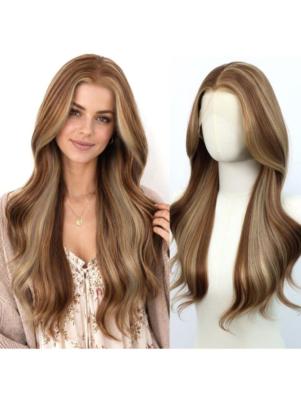 Long Wavy Brown Blonde Highlight Synthetic Lace Front Wig - 26" for Women